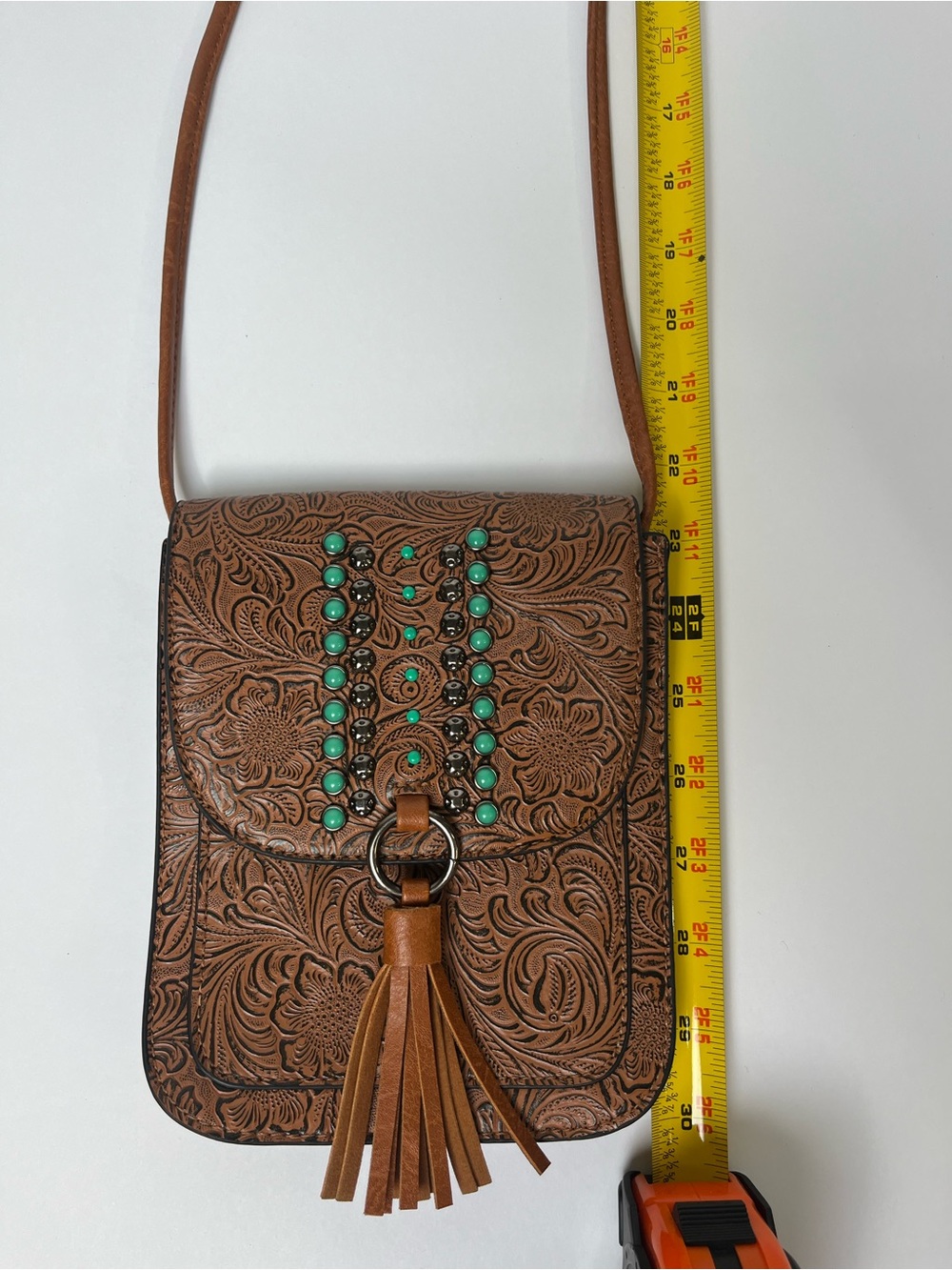 Western Tooled Faux Leather Crossbody Bag Turquoise Studded Tassel Purse Boho - Picture 9 of 9